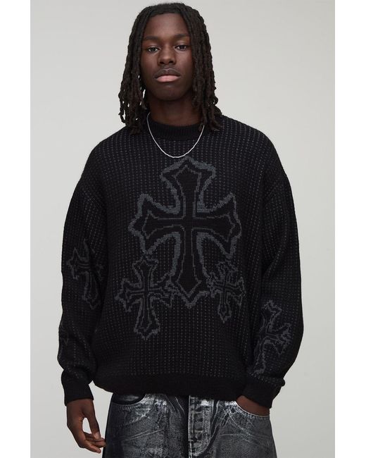 BoohooMAN Black Oversized Boxy Fluffy Cross Jacquard Knitted Sweater for men