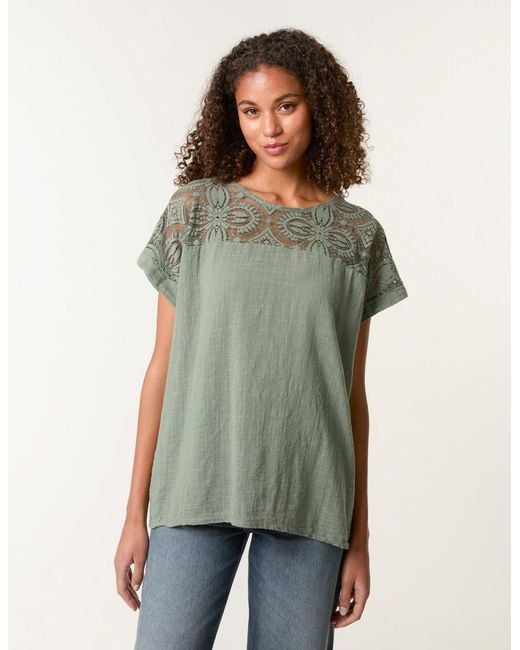 Blue Vanilla Green Lace Pattern Cotton Top