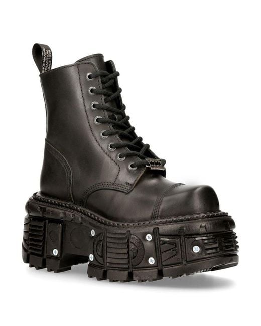 New Rock Black Leather Combat Platform Boots- Tank083-C1