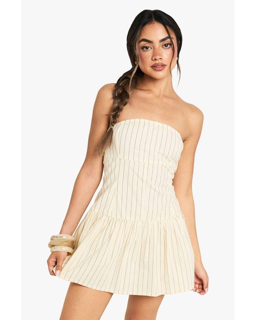 Boohoo Natural Stripe Linen Look Button Down Peplum Mini Dress