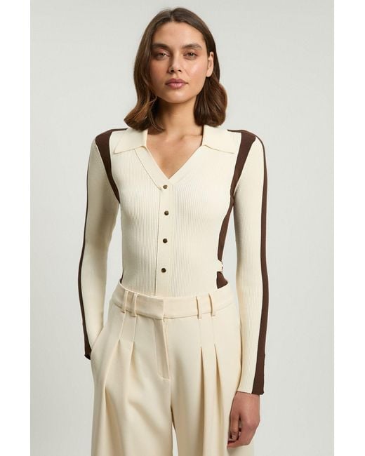 Karen Millen Natural Viscose Rib Contrast Colour Button Knit Top