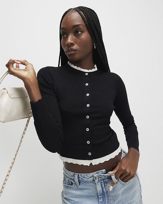 River Island Black Cardigan Scallop Trim Viscose