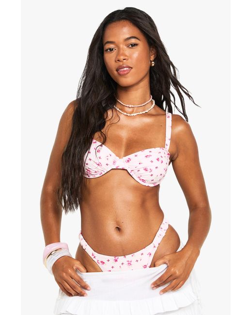 Boohoo White Ditsy Floral Underwired Bikini Top & Tanga Bottoms Set