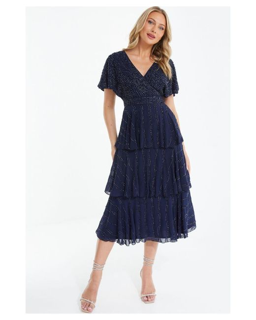 Quiz Blue Glitter Tiered Midi Dress