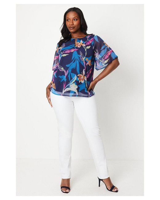 Wallis Blue Curve Printed Angel Sleeve Top