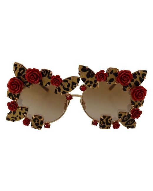Dolce & Gabbana Brown Roses Embellished Metal Sunglasses