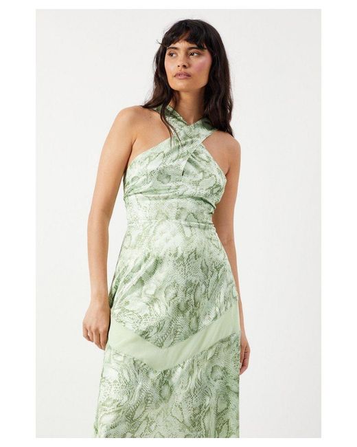 Warehouse Green Snake Print Satin Cross Front Chiffon Insert Hanky Hem Midi Dress