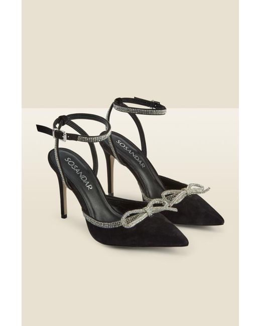 Sosandar Black Suede Diamante Bow Trim Ankle Strap Court Shoe Leather