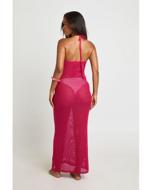 Boohoo Red Crochet Flower Applique Halter Maxi Dress