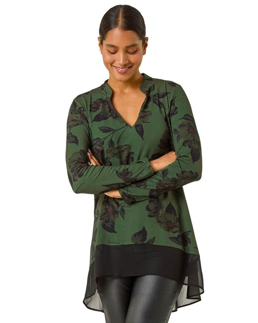 Roman Green Floral Chiffon Hem Blouse