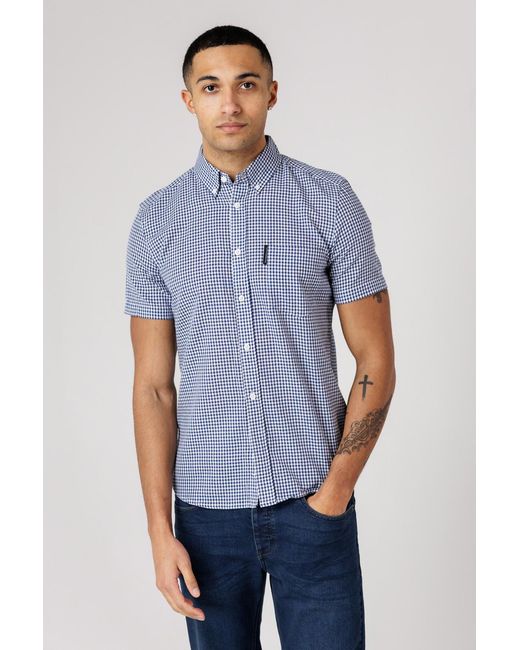 French Connection Blue Cotton Short Sleeve Gingham Chest Pocket Shirt for men