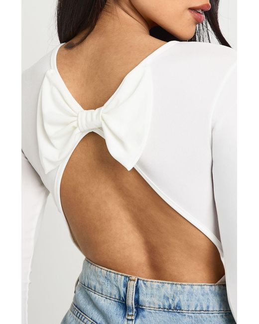 Boohoo Blue Slinky Bow Back Detail Long Sleeve Bodysuit