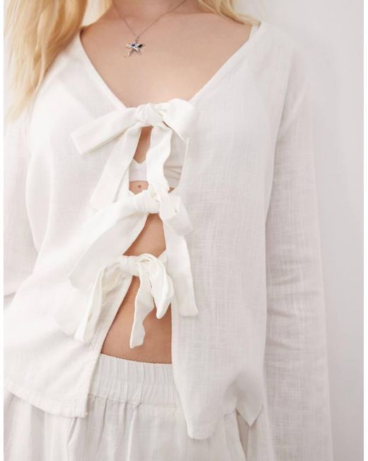 Noisy May Natural Linen Mix Tie Front Top Co-Ord