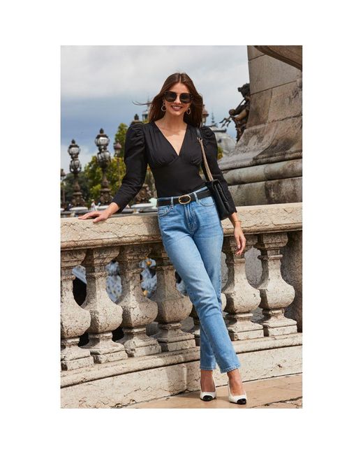 Sosandar Blue Puff Sleeve Ruched Detail Top