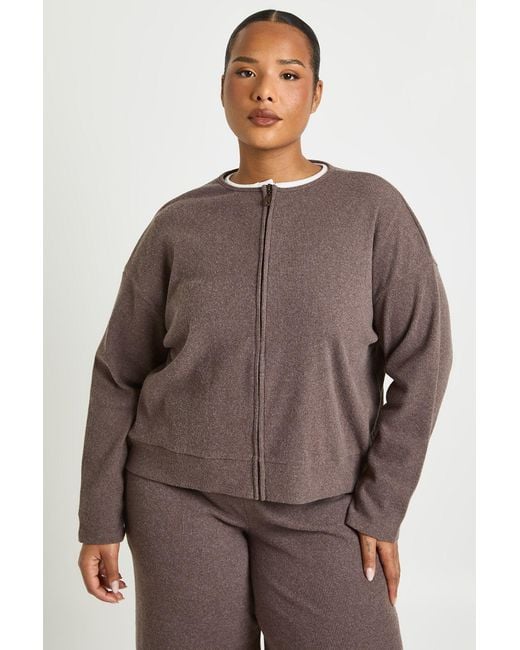 Boohoo Brown Plus Knitted Rib Zip Through Sweat