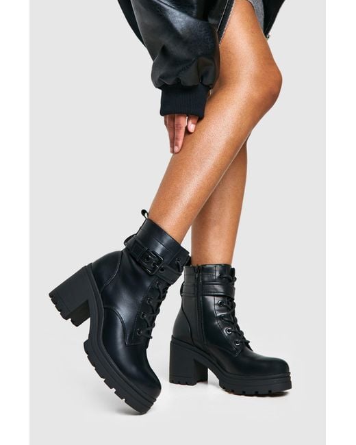 Boohoo Black Buckle Detail Lace Up Hiker Boots