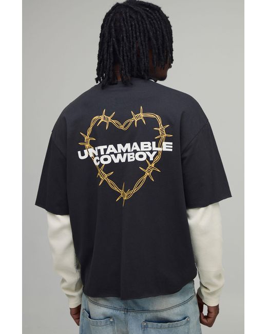 BoohooMAN Black Tall Oversized Boxy Waffle Faux Layer Heavyweight Heartbreak T-Shirt for men