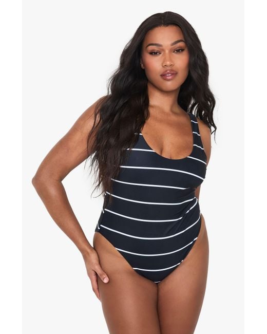 Boohoo Plus Swimwear Essentials Stripe Scoop Swimsuit in Blue