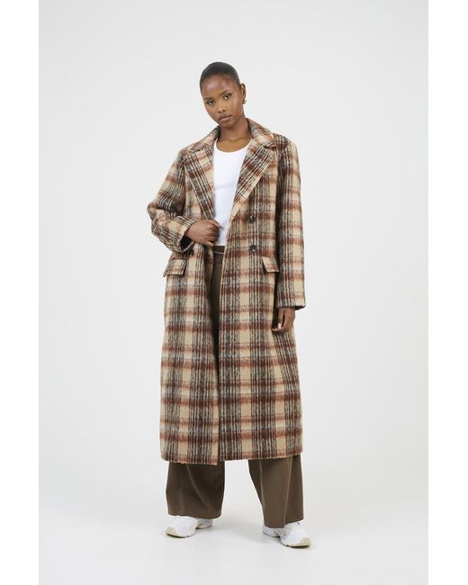 Brave Soul Natural Double Breasted Faux Wool Maxi Check Coat