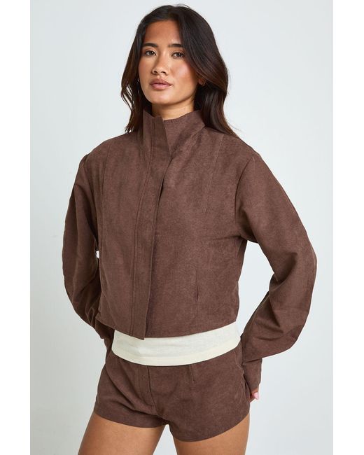 Boohoo Brown Funnel Neck Balloon Sleeve Zip Through Top