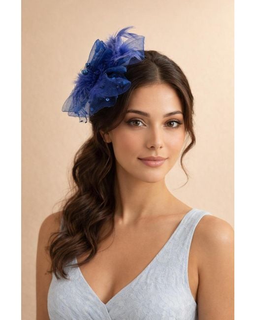 SVNX Blue Rosette Faux Pearl & Polka Veil Feather Fascinator