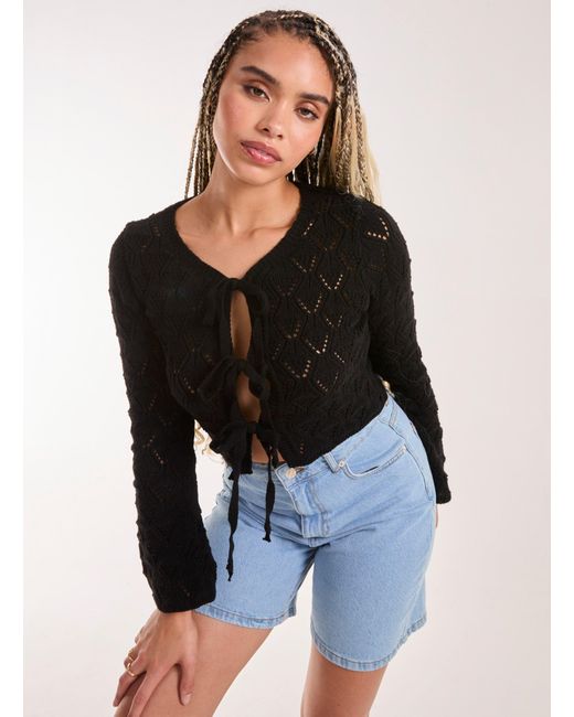 Pink Vanilla Black Tie Front Crochet Top
