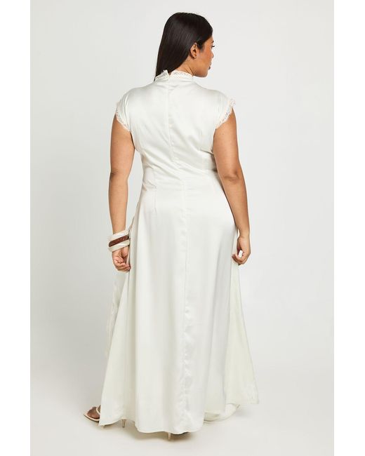 Boohoo Natural Plus Satin High Neck Maxi Dress With Lace Trim