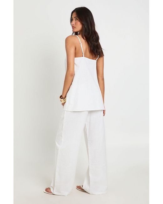 Boohoo White Linen Look Longline Cami & Wide Leg Trouser Co-Ord