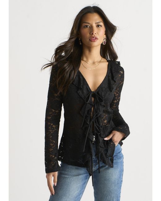 Gini London Black Jersey Lace Ruffle Tie Front Blouse