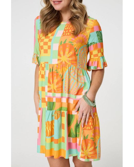 Izabel London Yellow Tropical Tile Print Smock Dress