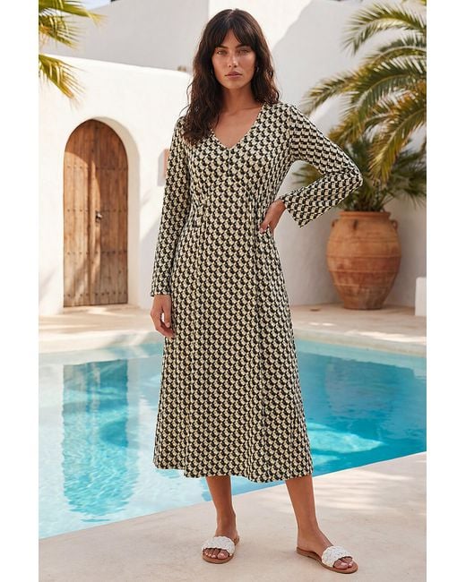 Roman Green Geometric V-Neck Midi Dress