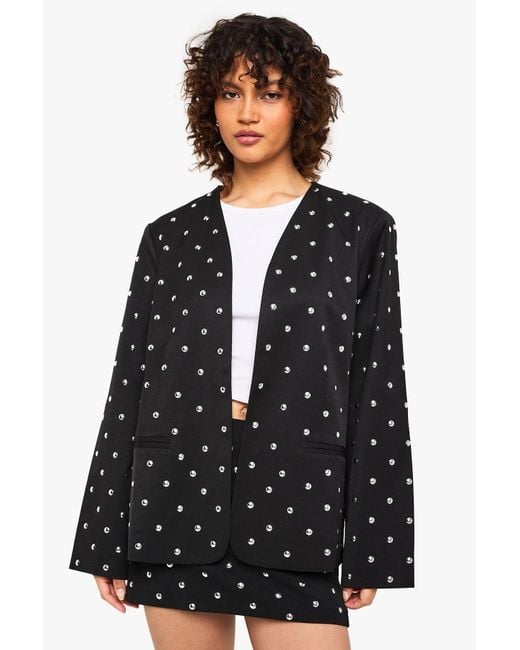 Boohoo Black Studded Collarless Oversized Blazer