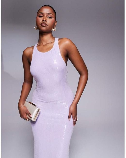 Rare London Purple Sequin Racerneck Cross Back Maxi Dress