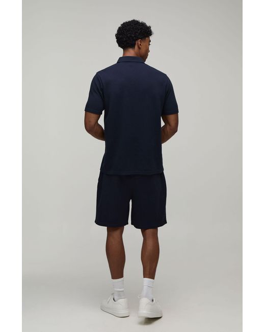 BoohooMAN Blue Regular Fit Waffle Button Neck Pocket Polo & Shorts Set for men