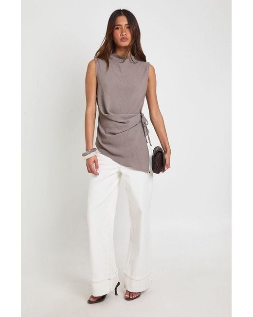 Boohoo Gray Hammered High Cowl Tie Side Drape Blouse