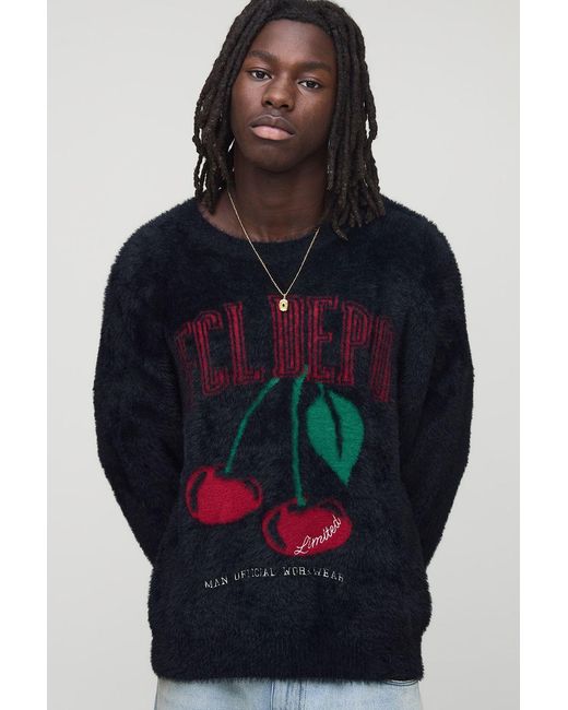 BoohooMAN Blue Regular Extreme Fluffy Cherry Graphic Knitted Sweater for men