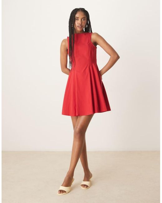ASOS Red Bengaline Sleeveless Skater Skirt Mini Dress With Open Back
