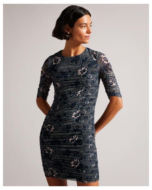 Ted Baker Blue Velvit Bodycon Dress With Ruching And Ties