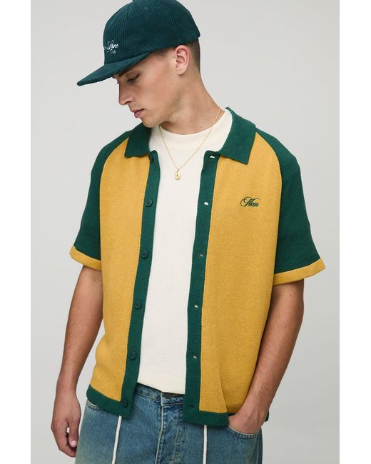 BoohooMAN Yellow Embroidered Boxy Fit Raglan Colour Block Knitted Shirt for men