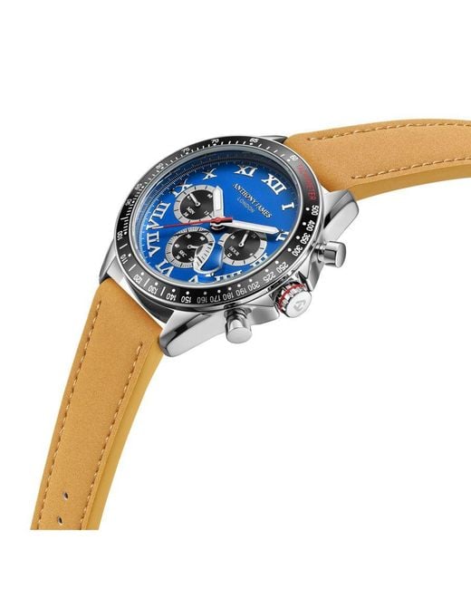 Anthony James Blue Hand Assembled Tachymeter Turbo Steel Leather for men