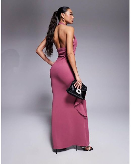 ASOS Pink Plunge Maxi Dress With Ruffle Front Detail