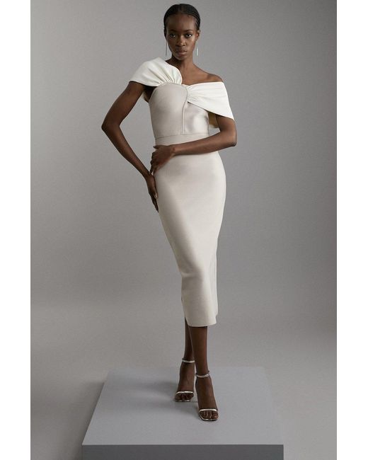 Karen Millen Gray Figure Form Bandage Asymmetric Strap Knit Midi Dress