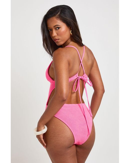 Boohoo Pink Plunge Keyhole Cut Out Crinkle Swimsuit