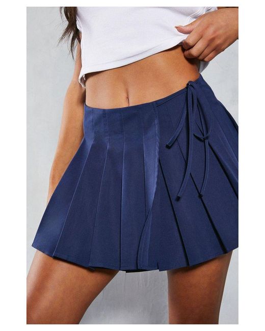 MissPap Blue Tie Detail Pleated Woven Mini Skirt
