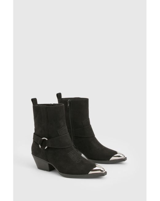 Boohoo Black Faux Suede Toe Cap Western Ankle Cowboy Boots