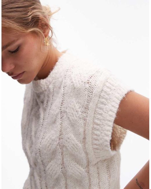 TOPSHOP White Knitted Crew Cable Vest