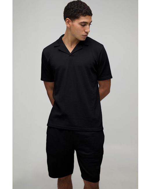 BoohooMAN Black Slim Fit Waffle Revere Polo & Shorts Set for men