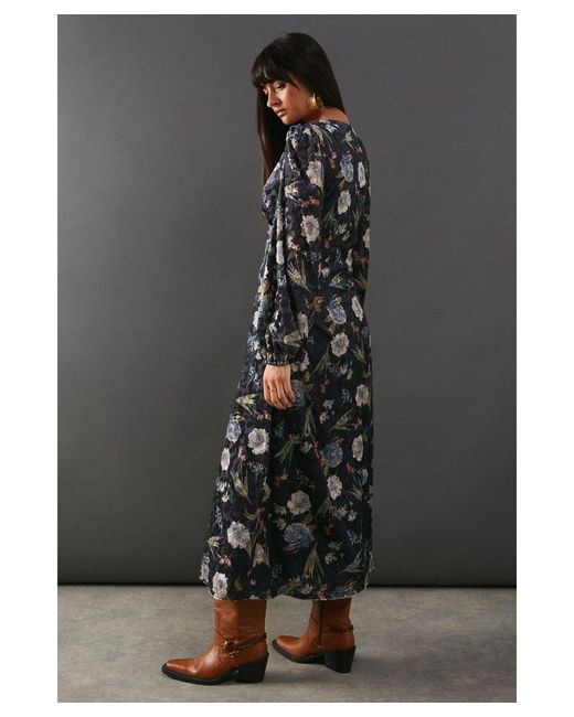 Warehouse Black Premium Printed Devore V Neck Midi Tea Dress