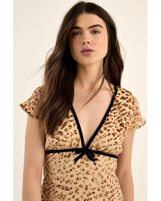 Nasty Gal Natural Animal Devore Ribbon Trim Cap Sleeve Mini Dress