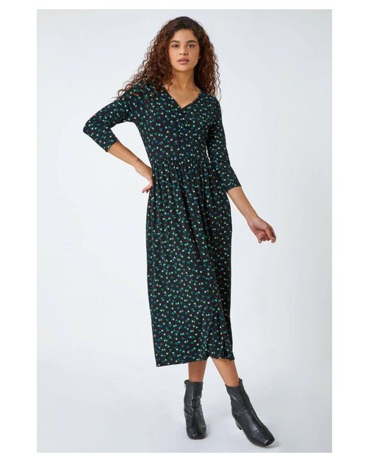 Roman Blue Ditsy Print Pocket Midi Stretch Dress